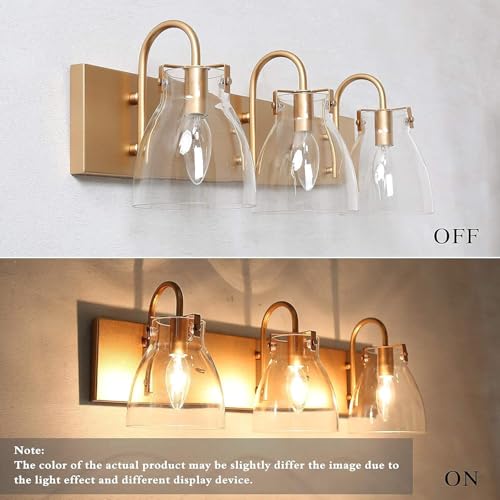 Image of KSANA Gold Bathroom Light Fixtures, 22'' Modern Vanity Lights with Clear Bell-Shaped Glass Shade, 3-Light Bathroom Lighting Over Mirror
