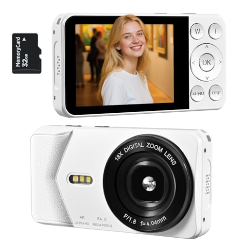 Appareil photo numérique 4K UHD, caméra de vlogging autofocus 64 MP, zoom 18x, appareil photo numérique compact avec anti-secousses et batterie intégrée,...