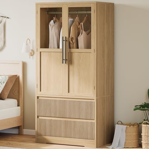 GarveeHome Bedroom Wooden Armoire Wardrobe Closet, Freestanding Large Wardrobe Armoire Cabinet with Glass Doors and 2 Drawers, Shelves & Hanging Rod for Bedroom, Clothes, Natural