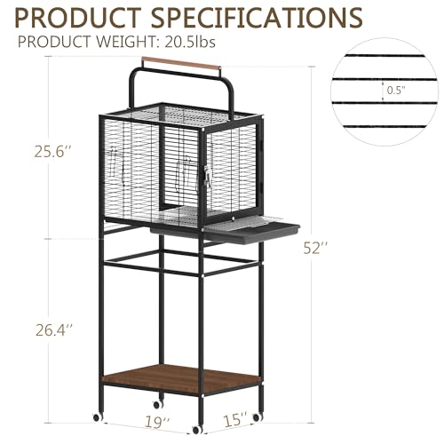 Image of Bird Wrought Iron Cage, Home Style Detachable Travel Birdcage for Small and Medium Birds Parrots Lovebird Conures Cockatiel,Black,52-Inch