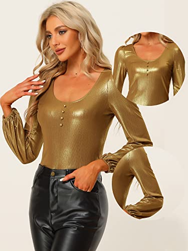 Image of Allegra K Metallic Blouse for Women's Sparkly Party Club Shiny Bishop Sleeve Disco Glitter Tops
