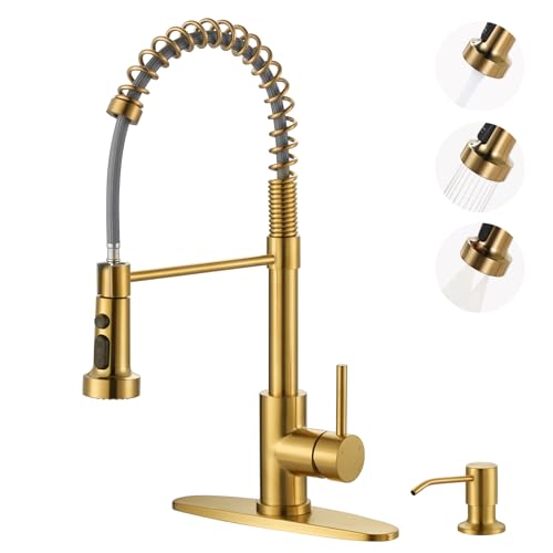 Kitchen Sink Faucet with Soap Dispenser: Brushed Gold Kitchen Faucets with Pull Down Sprayer - Stainless Steel Single Handle Kitchen Faucet with Deck Plate for Farmhouse RV Laundry