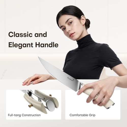 Image of KUISINE Upgraded Knife Set High Carbon Stainless Steel Super Sharp Blade Ergonomic Rivet Handle,Knife Block Set with Built-in Sharpener(Ivory Acacia Pro,15PCS)