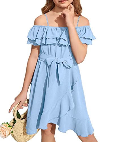 Meikulo Girls Summer Dress Off The Shoulder Wrap Mini Dress Casual Flowy Swing Ruffle A-Line Short Dress Light Blue, 11-12 Years #TOP24