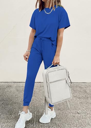 Image of PRETTYGARDEN Women's Two Piece Outfit Short Sleeve Pullover with Drawstring Long Pants Tracksuit Jogger Set