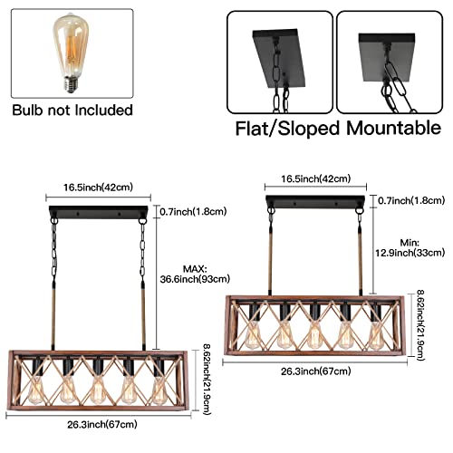 Keesfu Farmhouse Dining Room Light Fixture With Hemp Rope, Rustic Kitchen Island Light Fixture,5-Light Metal Rectangular Pendant Lighting Rectangular Chandelier,Wood Painting. #TOP4