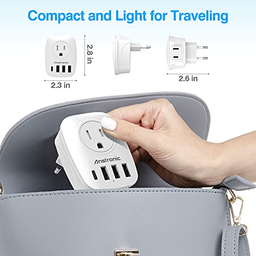 Adaptador de tomada europeu, adaptador de alimentação de viagem internacional Anstronic com 2 tomada