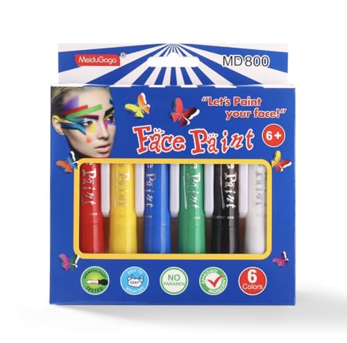 MeiduGaga Face Paint Sticks Body Painting Kit Safety Face Painting Crayons Easy to Clean for Makeup Parties Sport Events Birthday Festivals Cosplay (6 Classic Color)