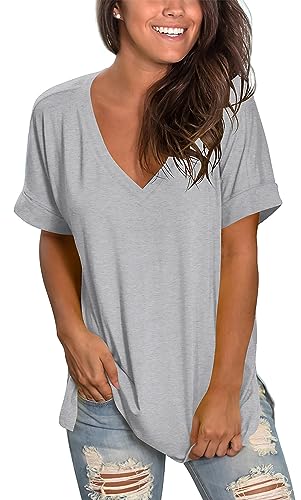 Image of Sampeel Women's V Neck T Shirts Casual Rolled Short Sleeve Side Split Summer Tops Loose Fit
