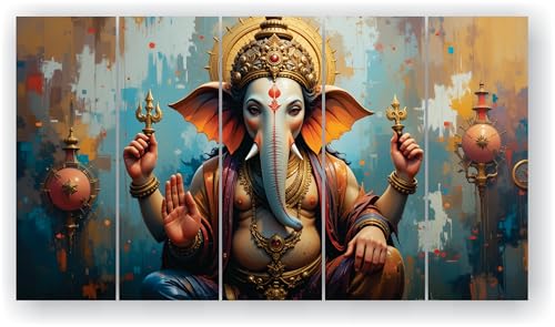 Image of RAVLEX Ganesha Wall Painting for Living Room, Wooden Framed UV Printed Wall Art for Bedroom, Office, Hotel and Drawing Room, 5 Panel Decorative Painting, 24 x 48 Inch