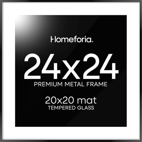 Homeforia 24x24 Picture Frame Black, High End Metal 24 x 24 Large Square Poster Frame Matted to 20 x 20 in Photo, 24by24 Thin Black Frames with Mat 20x20 inch Print, Tempered Glass, Wall Kit, Set of 1