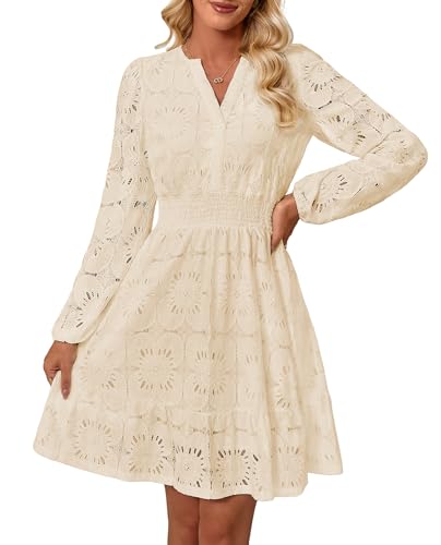 Women's Long Puff Sleeve Floral Mini Dress Spring V Neck Hollow Out Eyelet Lace Embroidery Ruffle A Line Swing Short Dresses (US, Alpha, Medium, Regular, Regular, Apricot)