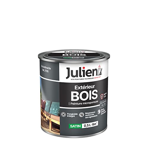 Julien Peinture Bois Microporeux Extérieur Satin - Portes, fenêtres, portails, mobilier de jardin - Gris Anthracite 0,5 L