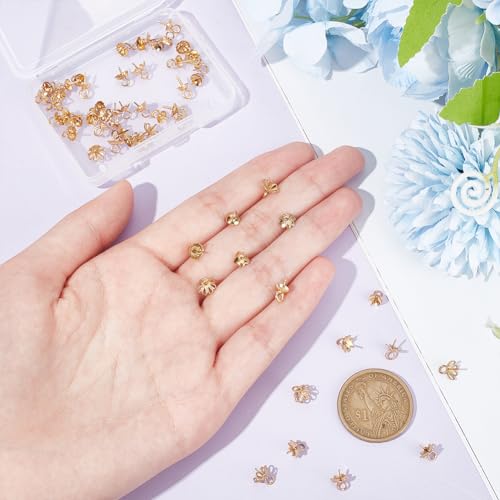 UNICRAFTALE 60 pcs 6 Style Stainless Steel Cups Pearl Peg Bails Pin Pendants Golden Flower Caps Eye Pin Bail Caps Screw Eye Pins Eye Screws for Half Drilled Bracelet Jewelry Making - Image 4