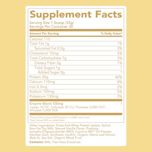 Image of Clean Simple Eats Whey Protein Powder, Simply Vanilla Flavor Naturally Sweetened, 100% Grass Fed Protein Powder with Digestive Enzymes & No Artificial Ingredients, Gluten Free, 30 Servings
