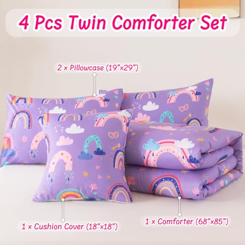 Image of Rainbow Girls Bedding Set Twin Size, Love Hearts Rainbow Comforter Set Twin Purple Bedding Sets for Girls Kids