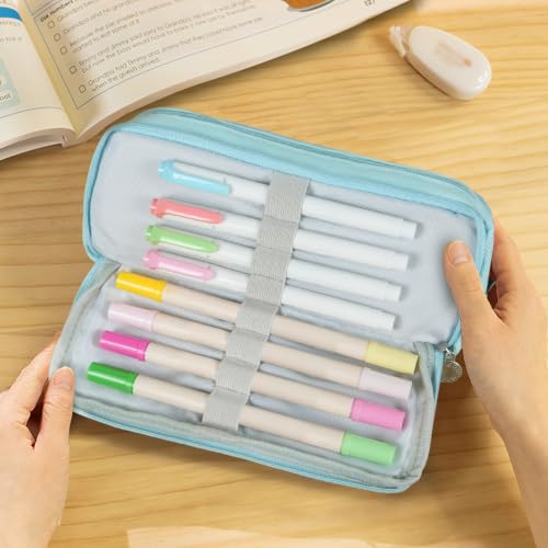 Image of MAMUNU Large Capacity Pencil Case, 3 Compartments Canvas Pencil Pouch with Zipper, Aesthetic Pencil Bag Pen Pouch for School Office Students Teen Girls Boys, Light Blue