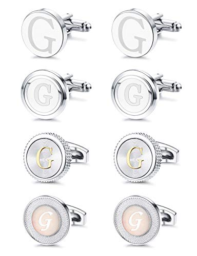 FIBO STEEL 4 Pairs Mens Initial Letter Shirts Cufflinks Engraved Shirt Cufflink Alphabet Set Fashion Dazzle Tuxedo Cufflinks Business Wedding Father's DayGift G