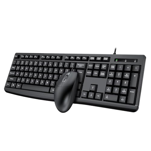 Oreilet 2026 Combo Teclado y Mouse con Cable Actualizado, Teclado Ergonómico Tamaño Completo con Mouse óptico con Cable 1000 dpi y USB Plug-and-Play para PC, (Black)