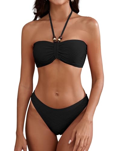 ZAFUL Women's Halter Bandeau Bikini Beaded Tie Back String Bikini Set Push Up Two Piece Swimsuit Bathing Suits (1-Black, M)
