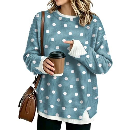 Waffle Knit Crew Neck Sweatshirts Women Oversized Polka Dot Layered Tops - image 1