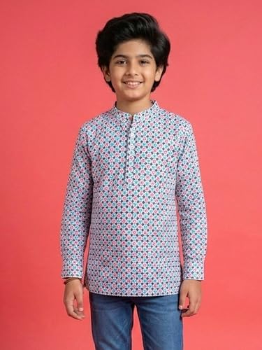 Image of KiddoPanti Boys 100% Cotton Ethnic Motif Printed Short Length Kurta