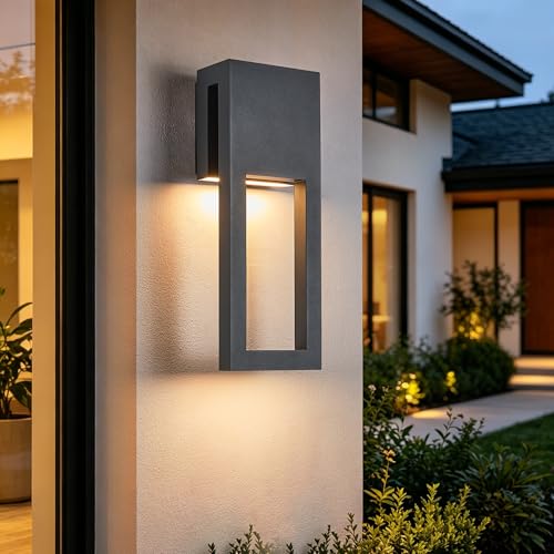 Image of Modern Outdoor Wall Light, 3000K Warm White, IP65 Waterproof, 20W Integrated LED Sconce, Textured Black Finish with Frosted Glass, cETLus Listed & Dimmable,for Porch,Garage,Patio,Garden