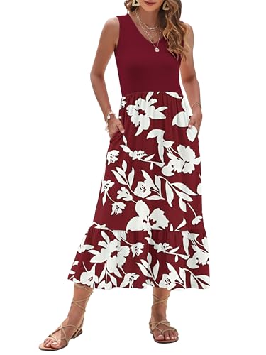 Image of AUSELILY Womens Summer Maxi Dress Casual Sleeveless V Neck Floral Dresses | A line shape with practical side pockets, Vacation dress for resort walks, Pair with low heels and simple jewelry