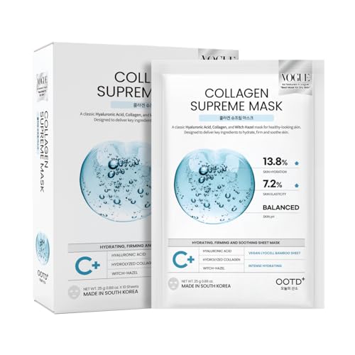 #OOTD Collagen Hydrating Sheet Masks for Face Korean Anti Aging Mask Sheet for Dry Skin & Sensitive Skin, EVE Vegan, Not Tested on Animals, No Parabens, No Sulfates, Hyaluronic Acid, Witch Hazel 10EA
