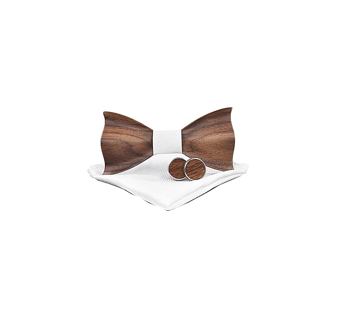 Desconocido Gemelos clásicos de madera para hombre, pajarita de novio, padrino, pajarita, juego de pañuelo cuadrado a juego con caja de regalo, Blanco, talla única