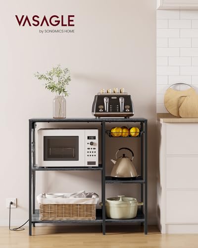 Image of VASAGLE Baker's Rack, Coffee Bar Stand with Charging Station, 35.6 Inches Tall, Storage Shelves, Pull-Out Wire Basket, Table for Microwave, Kitchen, Charcoal Gray and Ink Black UKKS036B22
