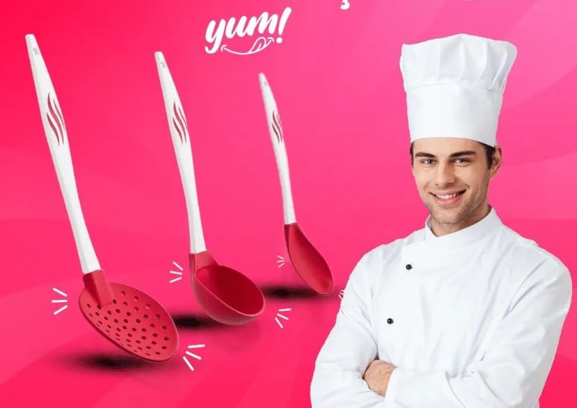 Miniatura 2 de Juego de utensilios de cocina de silicona, 3 piezas resistentes al calor, antiadherentes, cucharón de sopa, cuchara ranurada, cuchara para servir,