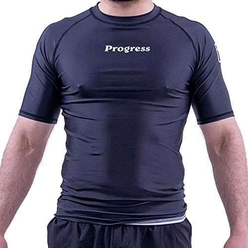 Progress Jiu Jitsu Academy - Protector de erupción de manga corta, flexible y duradero, para hombre y mujer, 80% poliéster, 20% elastano