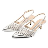 AUMOTED Women's Kitten Heels Low Heel Silver Dress Sandals with Woven Mesh, Pointed Toe Slingback Pumps for Elegant Office Style US 8