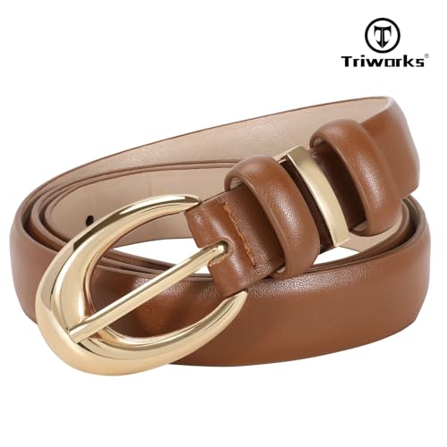 Image of TRIWORKS Women Leather Belt for Jeans Pants Fashion Ladies Skinny Faux Leather Dress belt with Gold Buckle