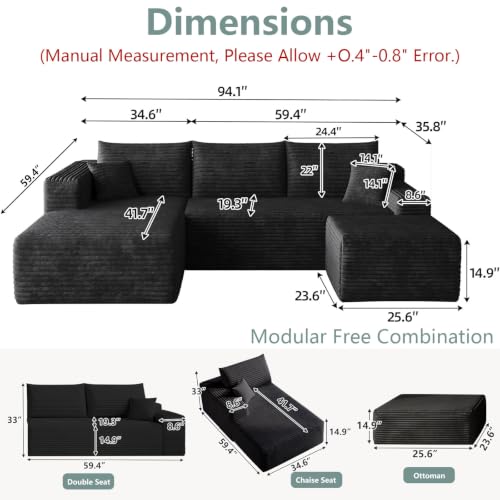 Image of Boneless Cloud Couch Comfy Sectional Couches for Living Room,U Shaped Sofa Couch in a Box with Ottoman Deep Seat Memory Foam Compressed Sofa(Black, 95 inch Left Facing Chaise)