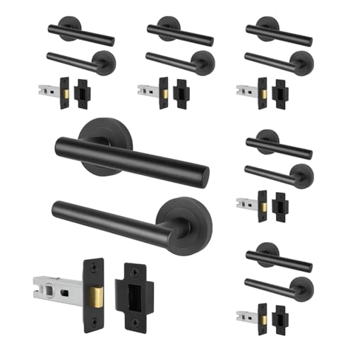EAI Black Door Handles and Latch Set, 6 Pairs of Internal Matt T-Bar Round Rose Handles and Latch 64mm - Oliena Range