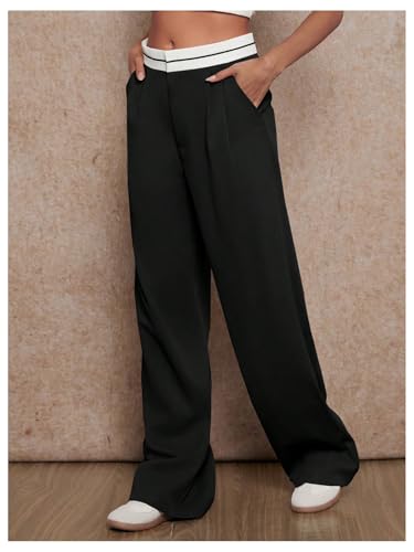 Floerns Women's Straight Leg Dressy Pants Color Block Mid Rise Trousers with Pocket2