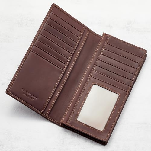 Image of HISCOW Full Grain Leather Men's Long Wallet, 15 Card Slots, Aniline Coffee | Gusseted bill compartment, tall bifold design, clear ID window, ideal for coat pockets or briefcases, turned-edge, gift box