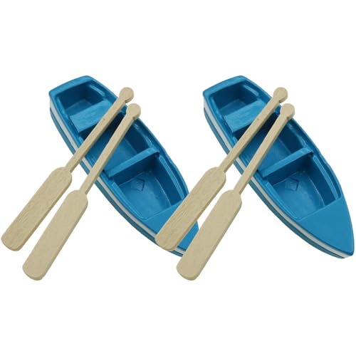 safycaby 2 Set Miniature Blue Boat Mini Rowboat Model with OARS Little Resin Boat Canoe Model for Fairy Garden Home Decoration
