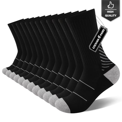 COOVAN Mens Athletic Crew Socks Thick Cushion Casual Work Sock With Moisture Wicking 6 Pairs