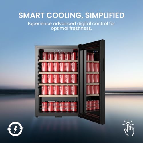 STAR TRACK Beverage Cooler, 115 Liters – Digital Control, Mirror Glass Door with Lock, Elegant Wooden Shelves, Blue Interior Light