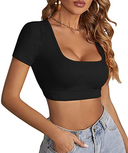 LYANER Women's Summer Crop Tops Square Neck Short Sleeve Workout Shirt Going Out Sexy Top Basic Slim Fit Tees3