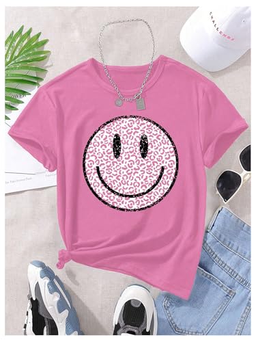 SHENHE Girl's Cheetah Smile Face Tshirt Short Sleeve Crewneck Graphic Tees Cute Preppy Kid Summer Tops2