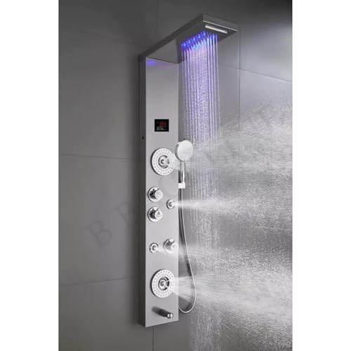 Image of Shower Panels For Bathroom 7 in 1 Multifunction With 5 Function Hand Shower, SS304 Grade, Shower System With LED Rainfall Shower, Hot & Cold Water Adjustable, Massage Spray & Water Spout