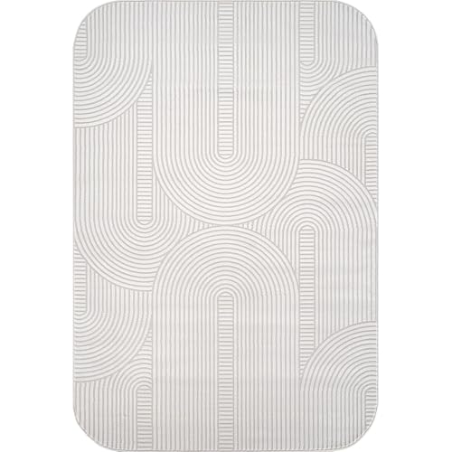 Tapete decorativo rectangular 5x7 beige y blanco miniatura 2