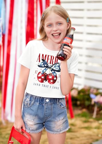 Image of BesserBay Kids Girls 4th of July Crop Tops American Flag Red White Blue Patriotic Bows USA Flag T-Shirts 6-14 Years