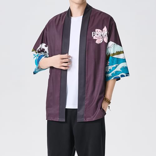 Image of PRIJOUHE Men's Lightweight Kimono Jacket Seven Sleeve Open Front Cardigan Coat Japanese Style Bathrobe