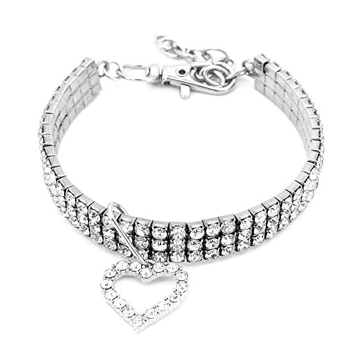 MoYouno Collare per collana con brillanti cani, collare con strass in cristallo con diamanti per animali domestici con collare elastico con pendente a forma di cuore per cani di piccola taglia (White)