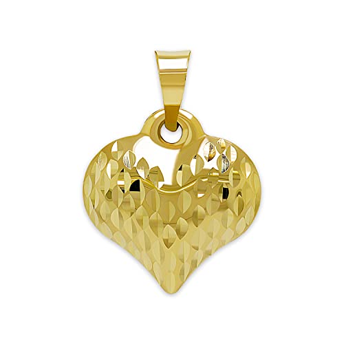 Gold Puffed Heart Charm - 14/10 Karat Gold - High Polish Diamond-Cut Pendant - 3D Jewelry - Great for Gifts